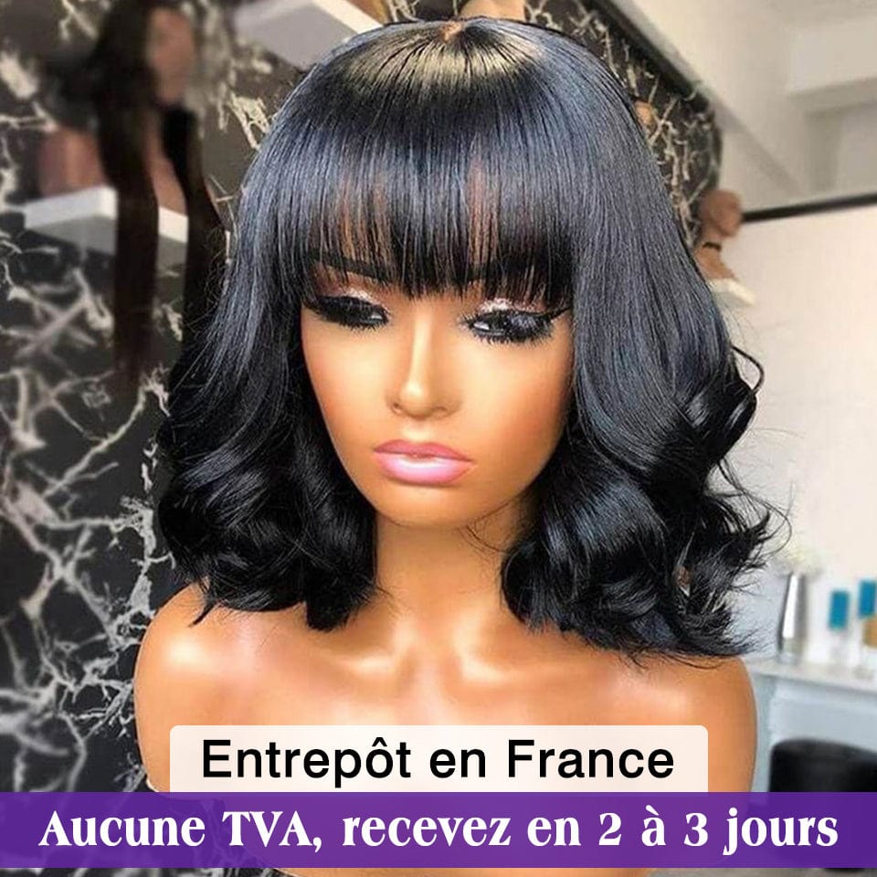 AILUXY Loose Wave Bob Perruque Avec Frange Fabriquée À La Machine 100% Cheveux Humains