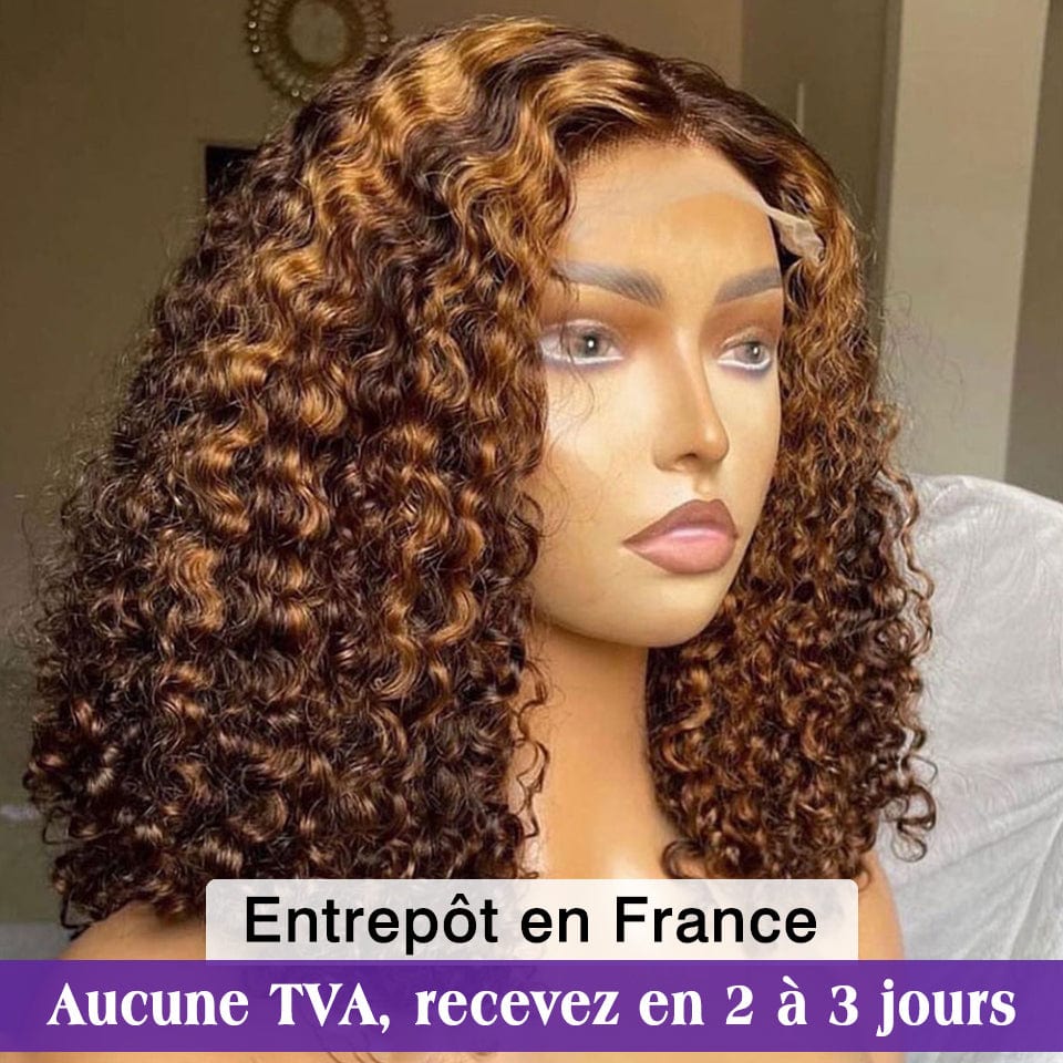 AILUXY 4x4 Lace Closure Deep Wave Brun Balayage Miel #4#27 Bob Perruque 100% Cheveux Humains