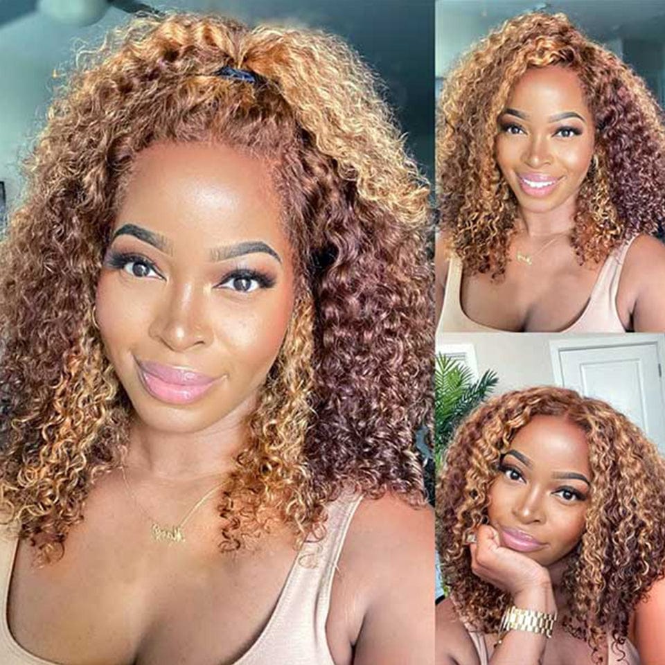 AILUXY 13x4 Lace Frontal Deep Wave Brun Balayage Miel Bob Perruque 100% Cheveux Humains