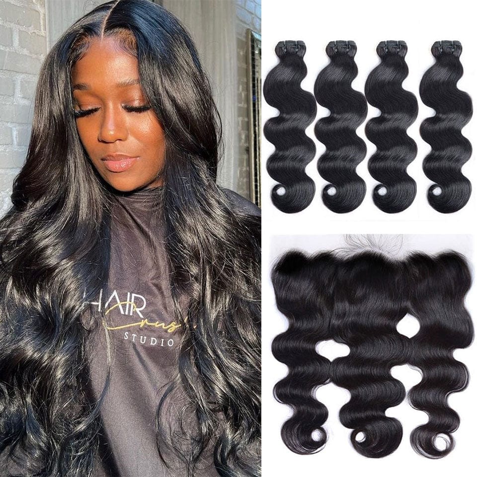 AILUXY 4 Paquets Avec 13*4 Lace Frontal Body Wave Couleur Naturelle