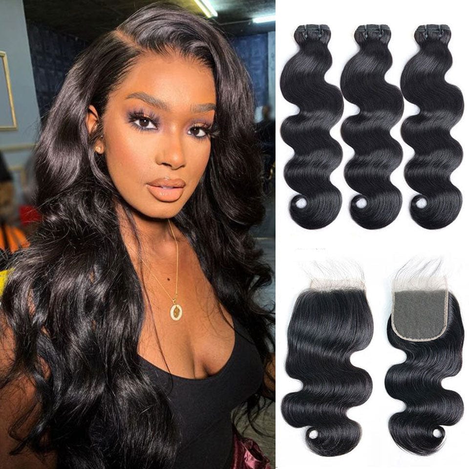 AILUXY 3 Paquets Avec 4x4 Lace Closure Body Wave Couleur Naturelle