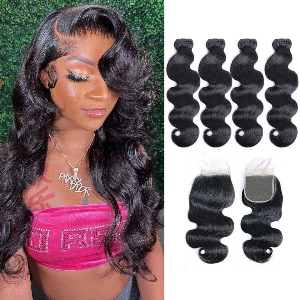 AILUXY 4 Paquets Avec 4x4 Lace Closure Body Wave Noir