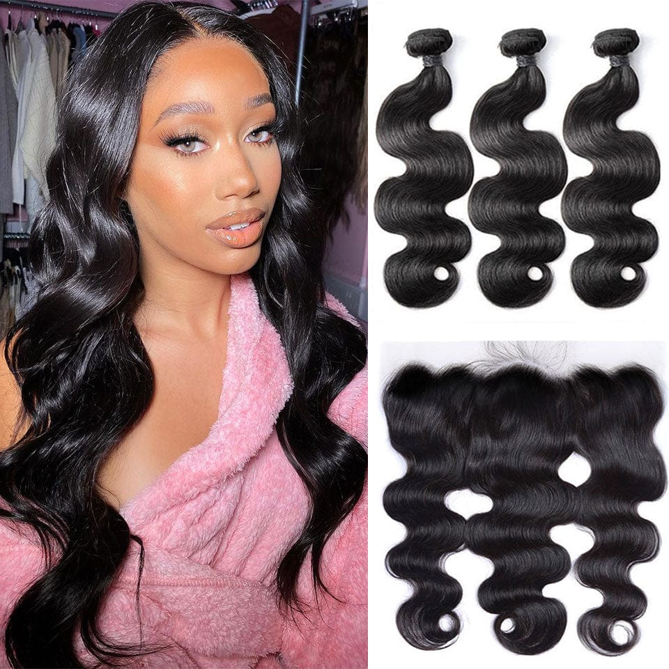 AILUXY 3 Paquets Avec 13x4 Lace Frontal Body Wave Couleur Naturelle