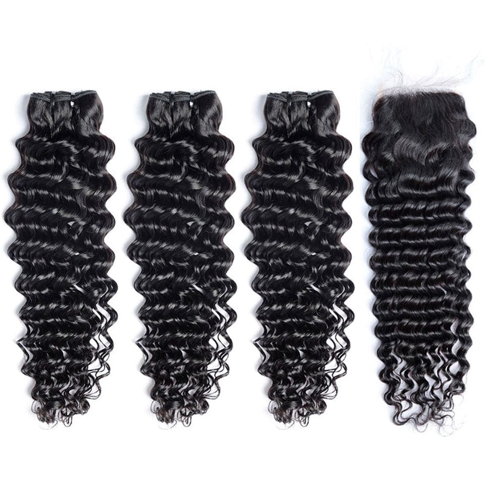 AILUXY 3 Paquets Avec 4x4 Lace Closure Deep Wave Couleur Naturelle