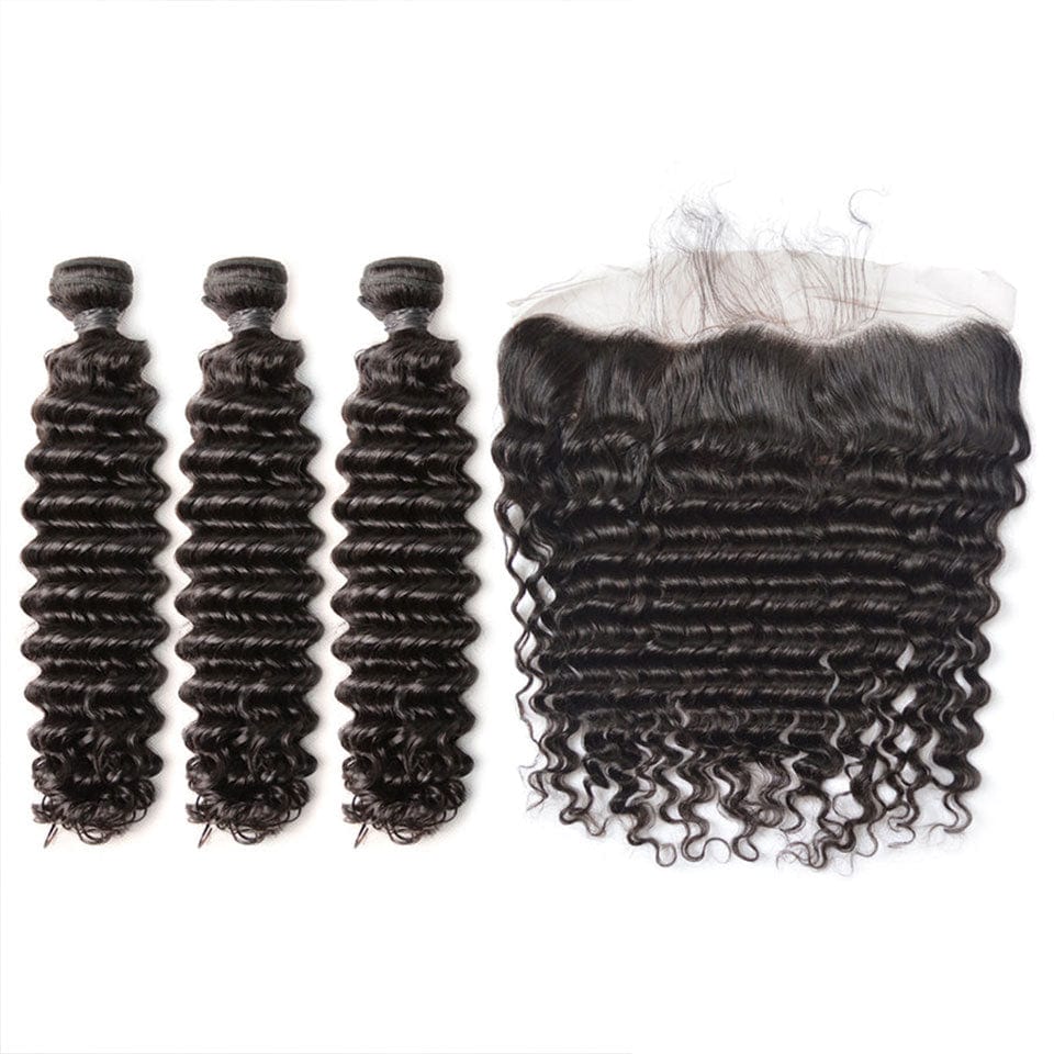 AILUXY 3 Paquets Avec 13x4 Lace Frontal Deep Wave Couleur Naturelle