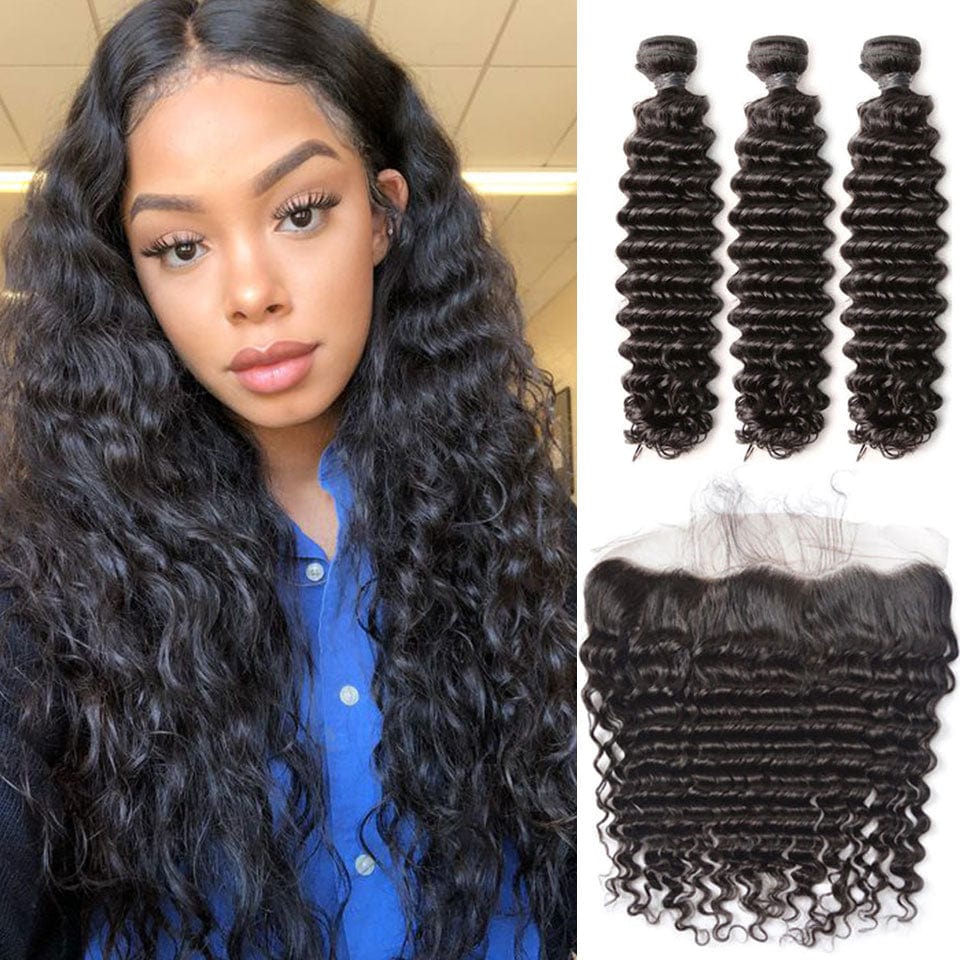 AILUXY 3 Paquets Avec 13x4 Lace Frontal Deep Wave Couleur Naturelle