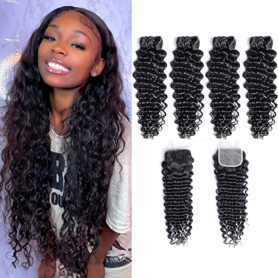 AILUXY 4 Paquets Avec 4x4 Lace Closure Deep Wave Noir