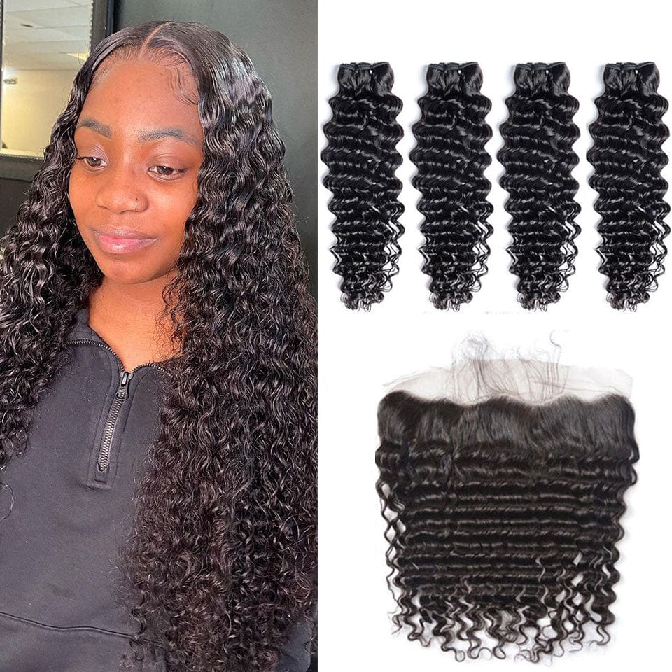 AILUXY 4 Paquets Avec 13*4 Lace Frontal Deep Wave Couleur Naturelle