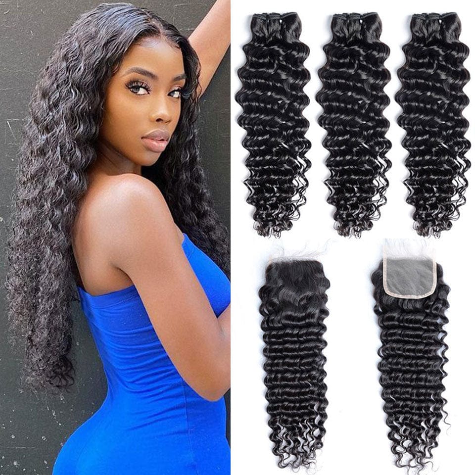 AILUXY 3 Paquets Avec 4x4 Lace Closure Deep Wave Couleur Naturelle