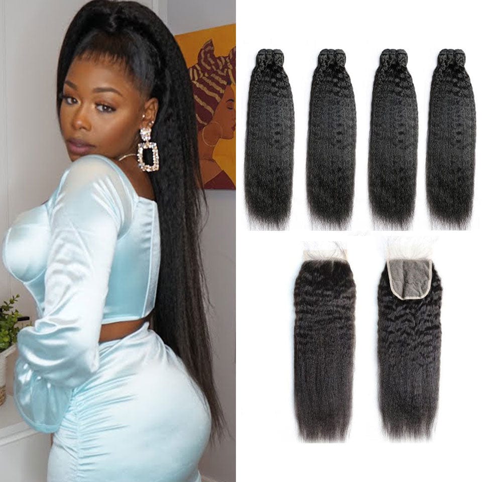 AILUXY 4 Paquets Avec 4x4 Lace Closure Kinky Lisse Noir