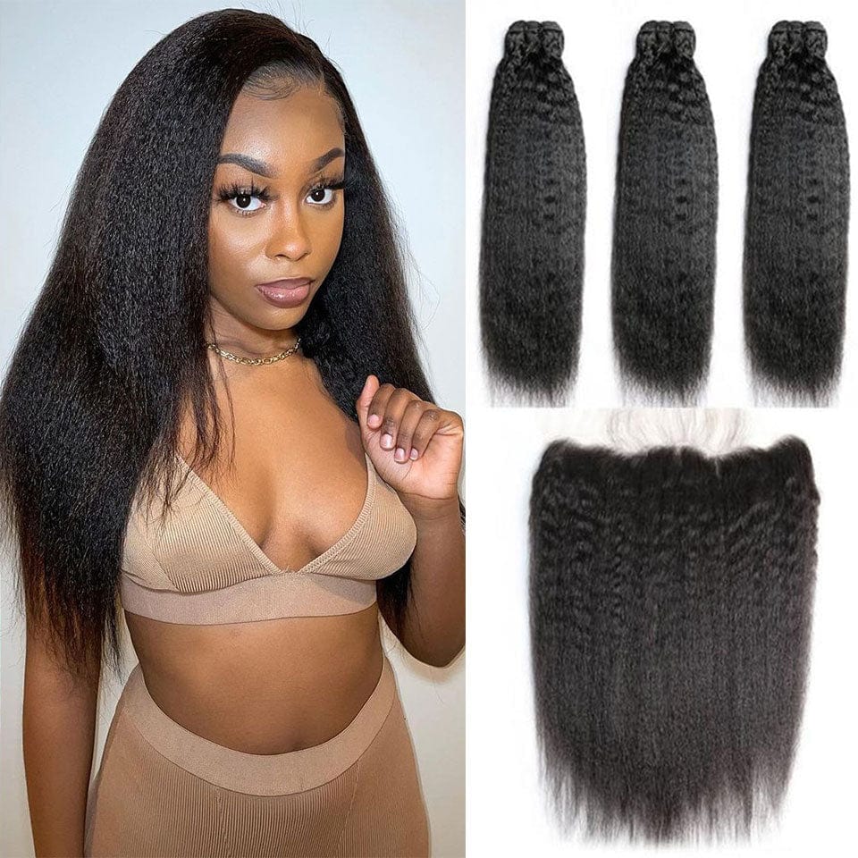 AILUXY 3 Paquets Avec 13x4 Lace Frontal Kinky Lisse Couleur Naturelle