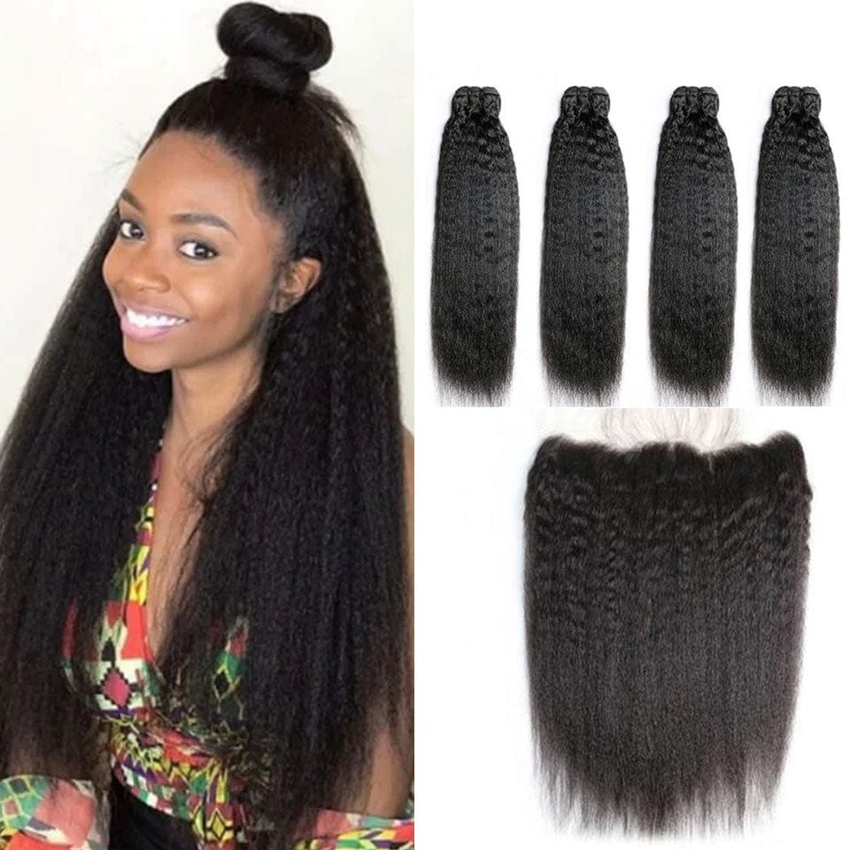 AILUXY 4 Paquets Avec 13*4 Lace Frontal Kinky Lisse Couleur Naturelle