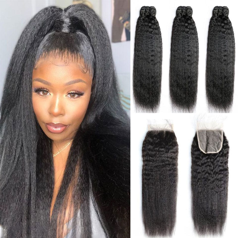 AILUXY 3 Paquets Avec 4x4 Lace Closure Kinky Lisse Couleur Naturelle