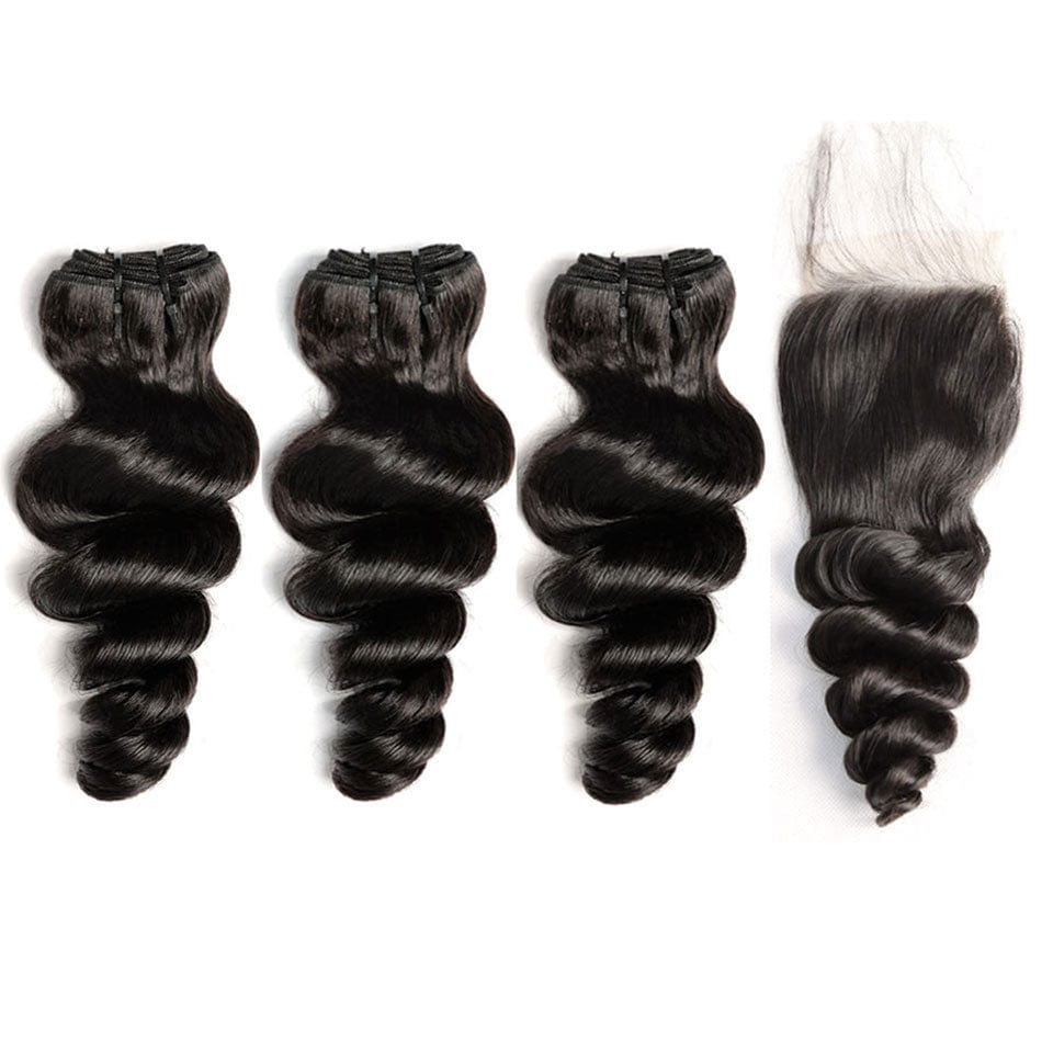 AILUXY 3 Paquets Avec 4x4 Lace Closure Loose Wave Couleur Naturelle