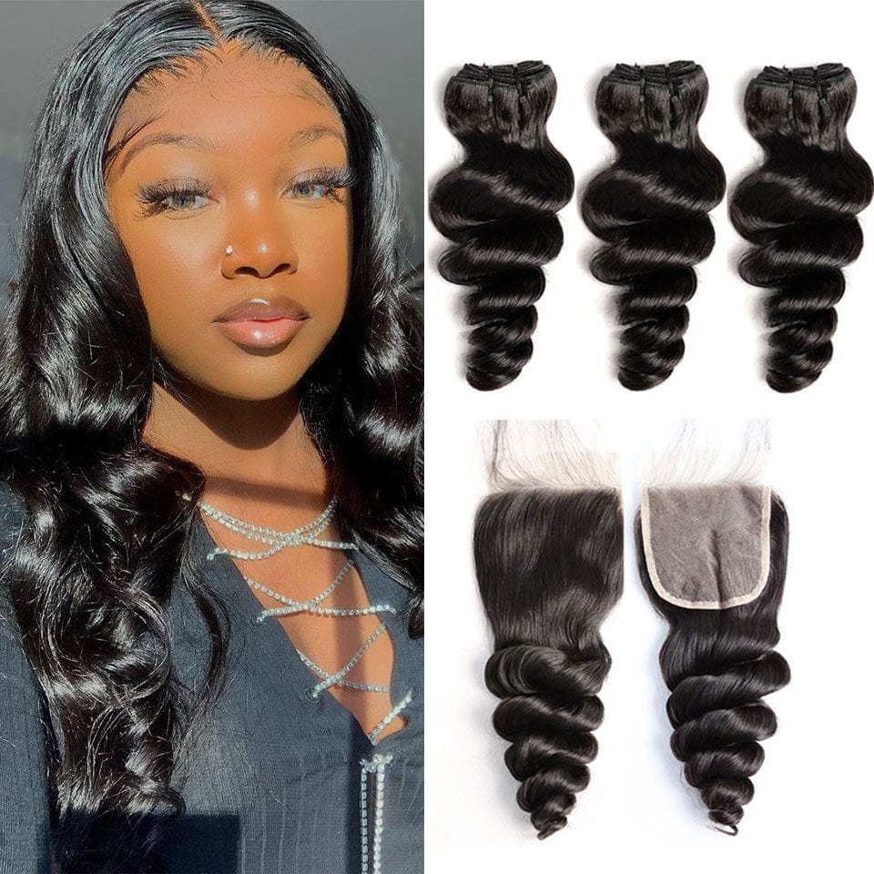 AILUXY 3 Paquets Avec 4x4 Lace Closure Loose Wave Couleur Naturelle