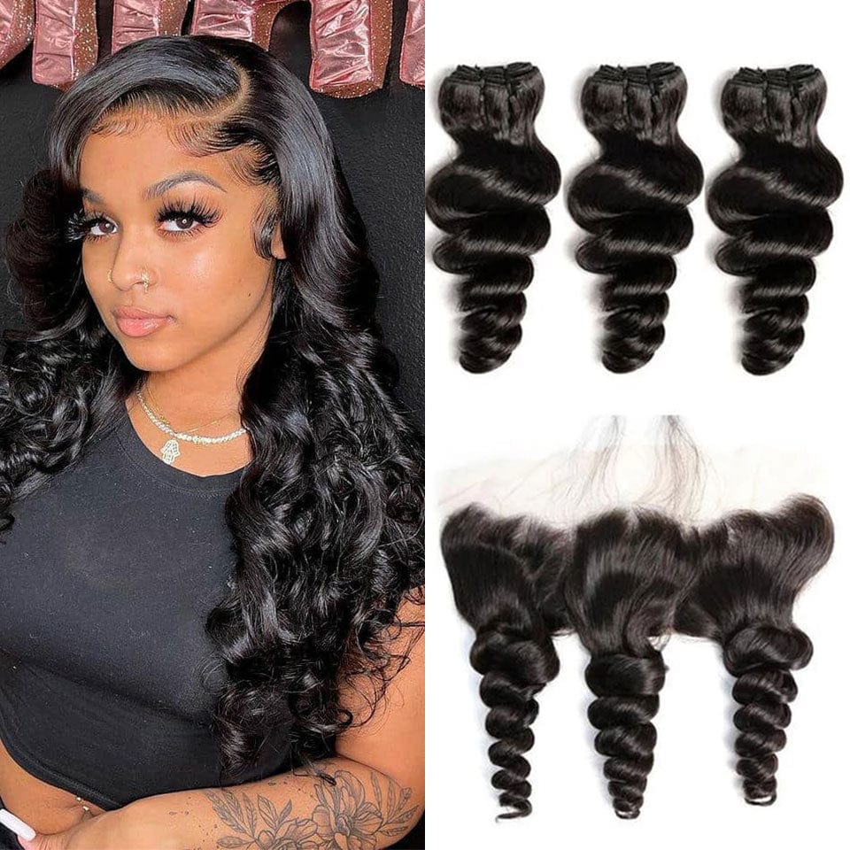 AILUXY 3 Paquets Avec 13x4 Lace Frontal Loose Wave Couleur Naturelle