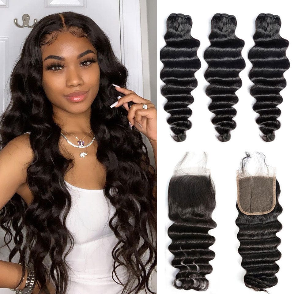 AILUXY 3 Paquets Avec 4x4 Lace Closure Natural Wave Couleur Naturelle