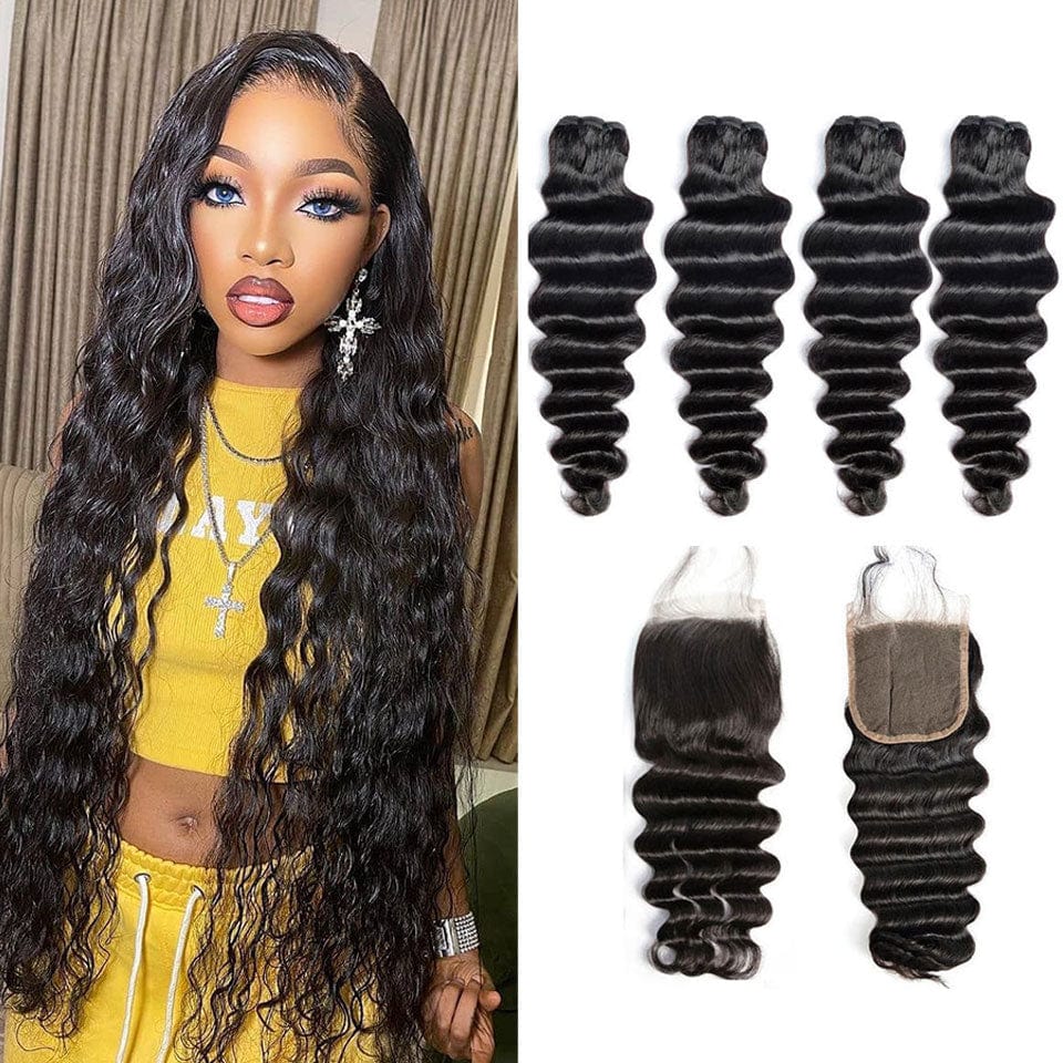 AILUXY 4 Paquets Avec 4x4 Lace Closure Natural Wave Noir