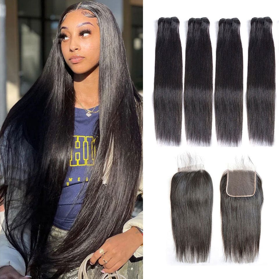 AILUXY 4 Paquets Avec 4x4 Lace Closure Lisse Noir