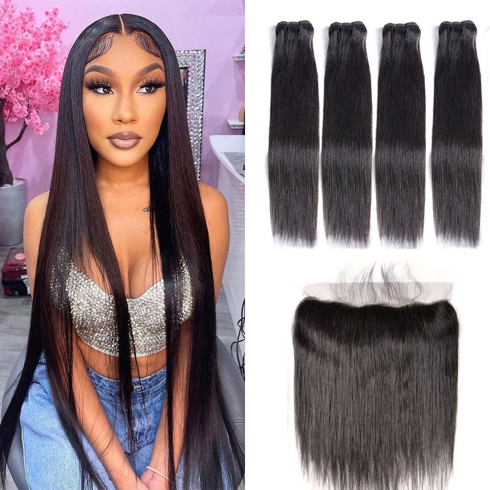 AILUXY 4 Paquets Avec 13*4 Lace Frontal Lisse Couleur Naturelle