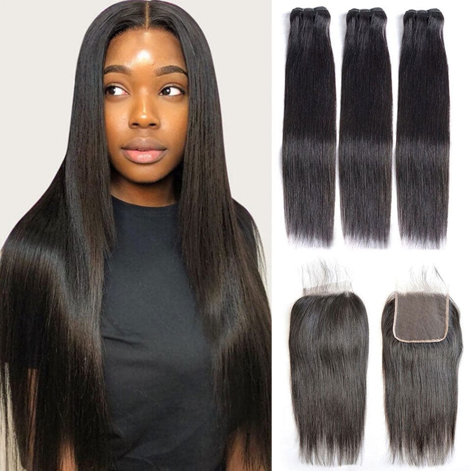 AILUXY 3 Paquets Avec 4x4 Lace Closure Lisse Noir