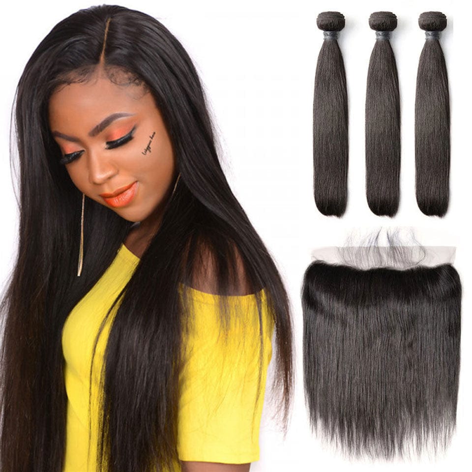 AILUXY 3 Paquets Avec 13x4 Lace Frontal Lisse Couleur Naturelle