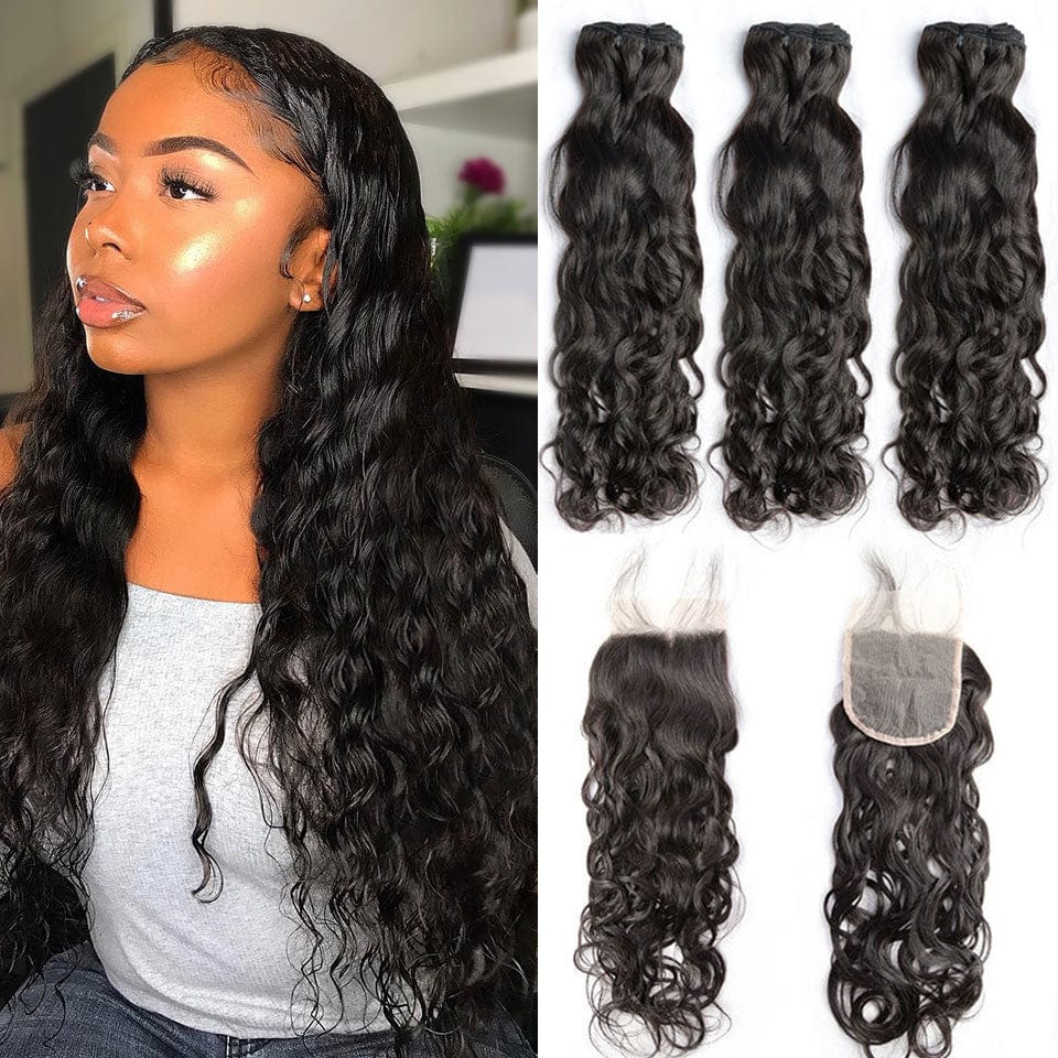 AILUXY 3 Paquets Avec 4x4 Lace Closure Water Wave Couleur Naturelle